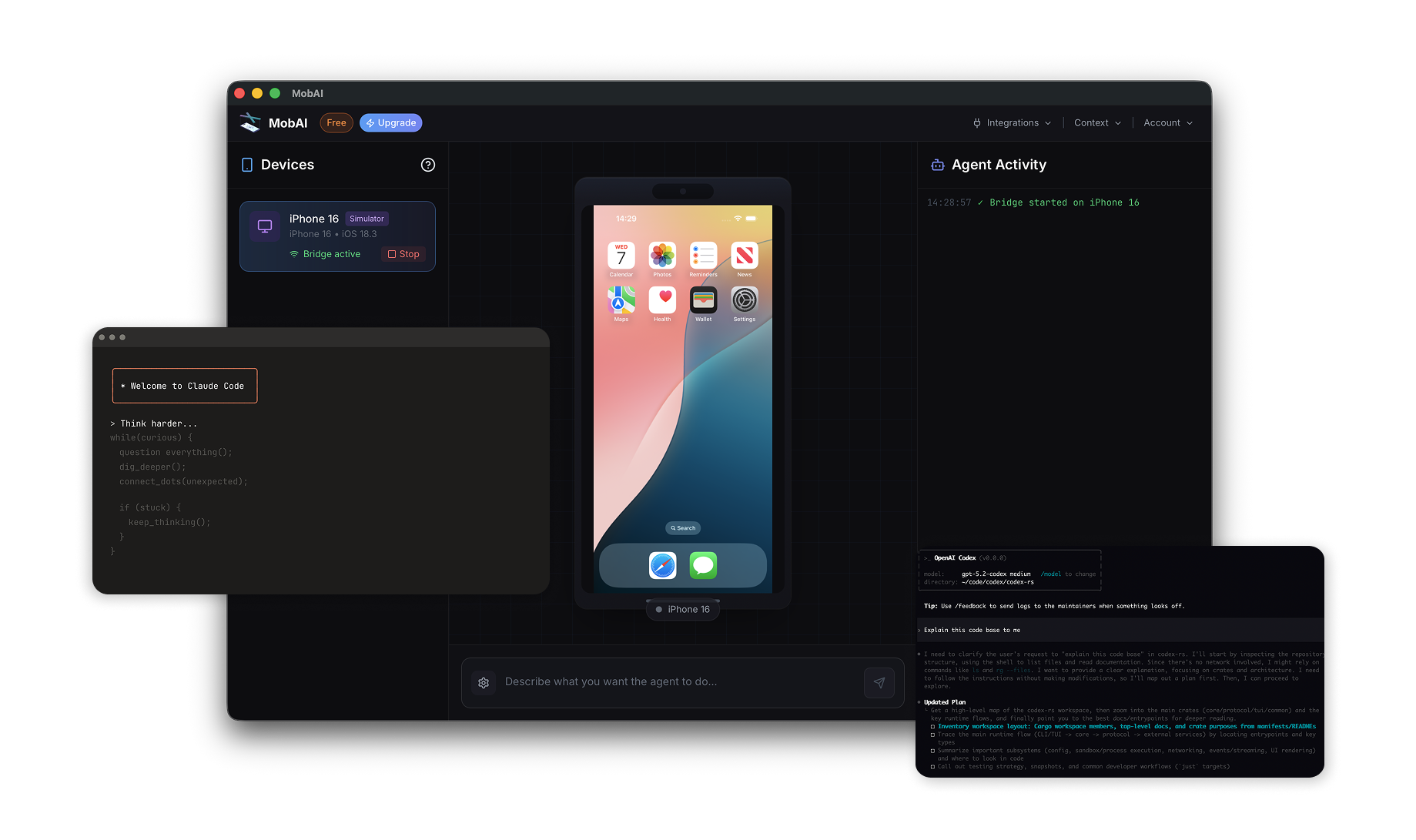 MobAI desktop app showing AI agent controlling an Android device with Claude Code integration, MCP server, and HTTP API